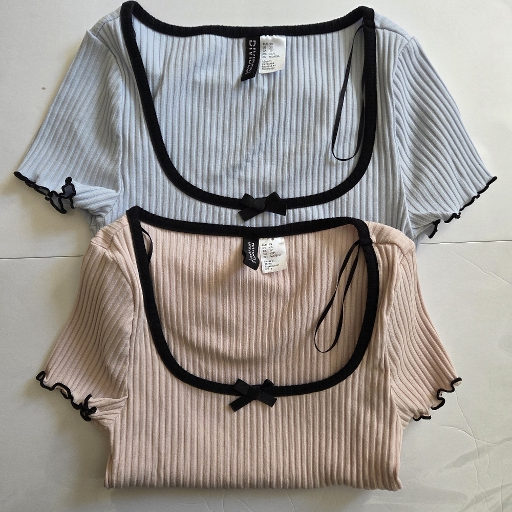 Two Ribbed Square Neck Tops - Black Trim - Picture 2 of 10